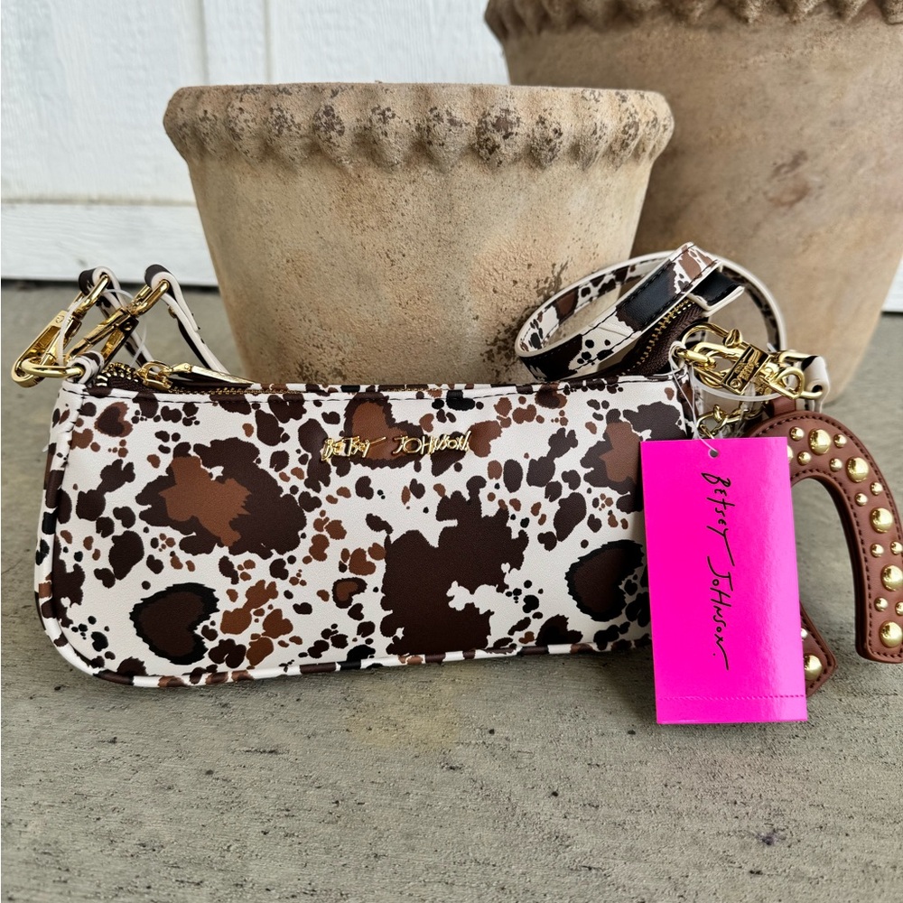 Betsey Johnson Cow Print Shoulder Bag NWT Brown White Gold Y2K